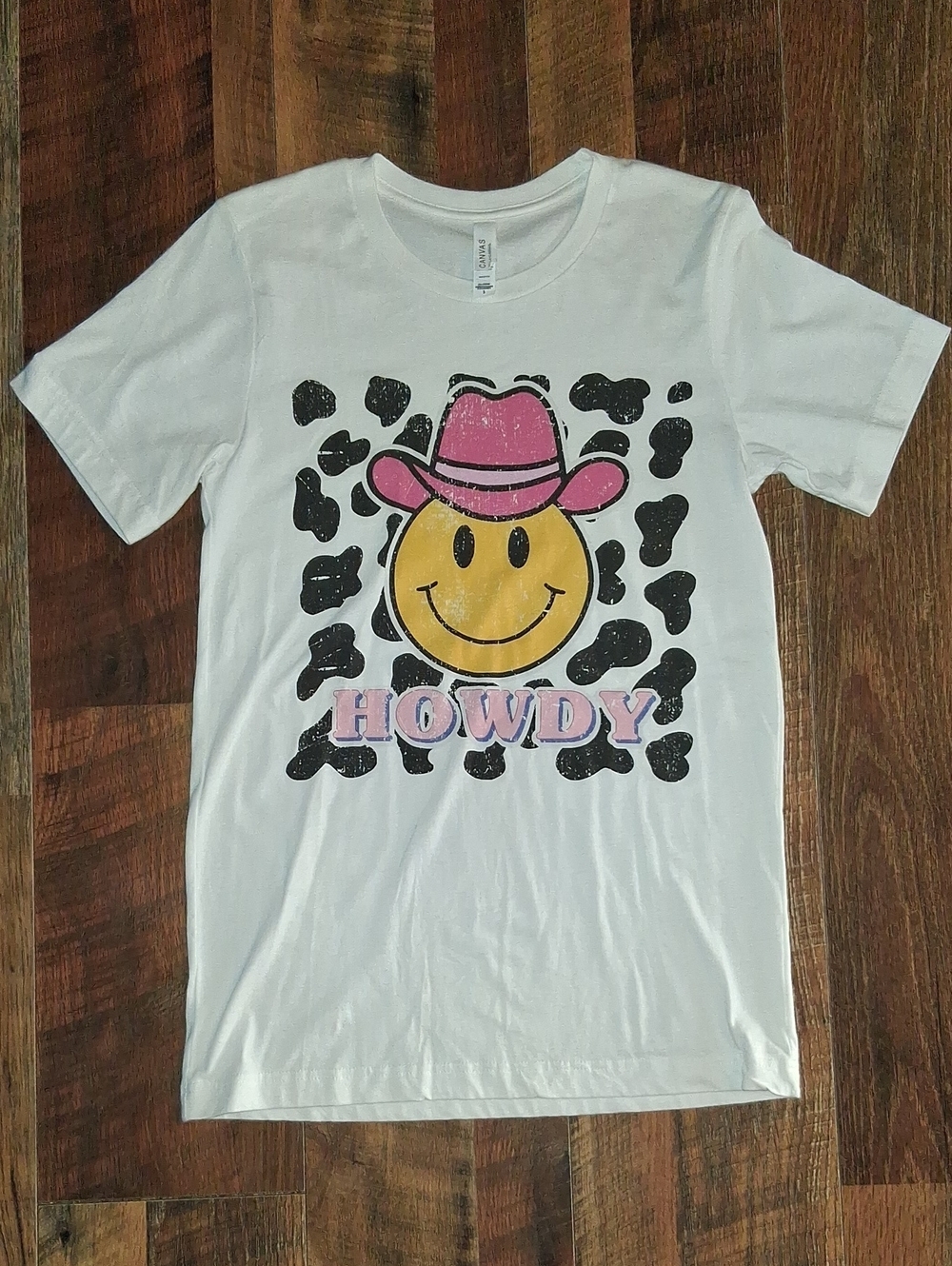 Howdy Smiley Face Cow Print Graphic Tee